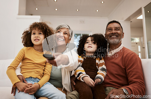 Image of Home, kids and grandparents watch television series, subscription movie or streaming video, media or entertainment. Lounge sofa, family or relax grandmother, grandfather and children watching tv show