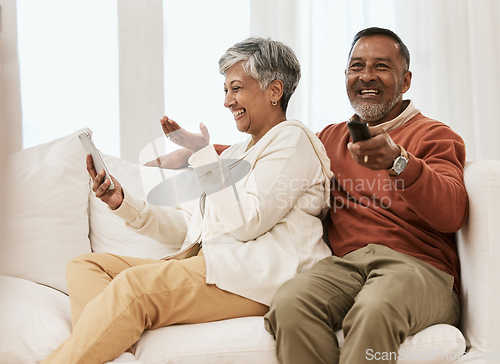 Image of Laugh, phone and senior couple watching tv series, comedy movie or streaming subscription video, media or funny film. Humour, cellphone and relax elderly people watch television on home lounge sofa