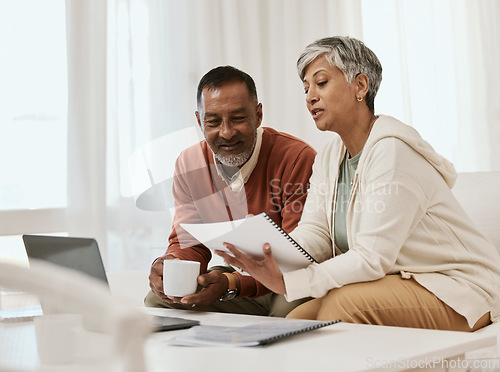 Image of Senior couple, tax documents and home with planning, budget or audit for wealth, compliance or investment. Mature man, woman and paperwork with laptop, financial strategy and thinking for retirement