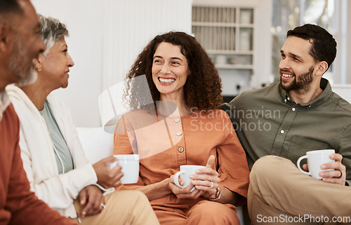 Image of Couple, senior parents and coffee on sofa, relax and happy with conversation, love and bonding in living room. Men, women and chat with matcha, espresso or tea for care, lounge couch and family home