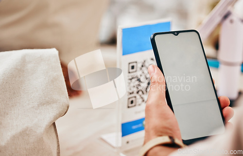 Image of Hands, phone and store to scan qr code for payment, trading or cybersecurity with fintech, service or sale. Person, blank smartphone and mockup space for logo, promotion or branding in grocery shop