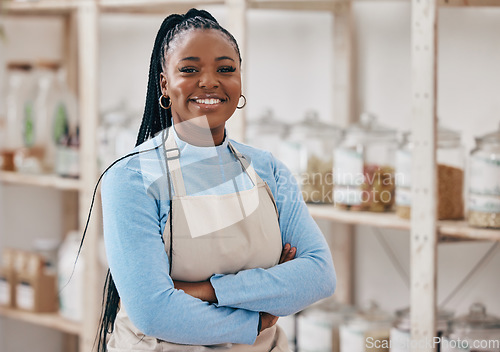 Image of Supermarket, grocery store and portrait of black woman with crossed arms for service in eco friendly market. Small business, sustainable shop and manager smile for groceries, products or organic food
