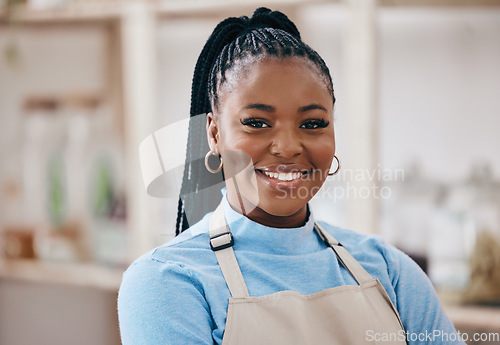 Image of Supermarket, grocery store and portrait of happy black woman for service in eco friendly market. Small business, organic shop and face of manager smile for groceries, goods for natural food products