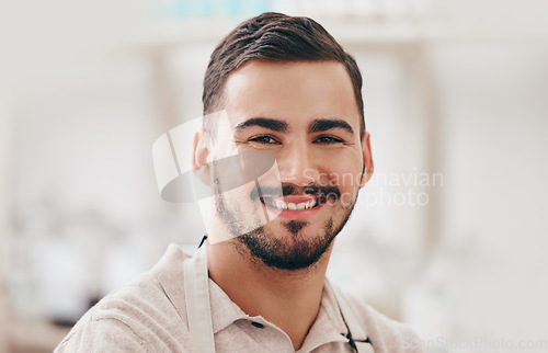 Image of Man, shop and small business for portrait, apron and happy for service, help and sales with pride at company. Young entrepreneur, store and smile on face for trading, success or restaurant in Rome