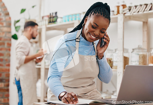 Image of Black woman, cashier and phone call with networking and inventory check for retail store. Happy, shop management and mobile with communication and discussion about small business and supply chain