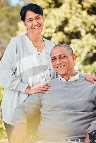 Image of Senior couple outdoor, love and smile, support and trust with bonding and marriage. Life partner, retirement together and romance, people in garden or park portrait with healthy relationship and care