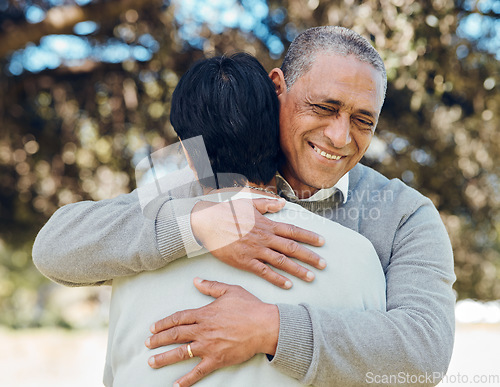 Image of Senior couple, hug and love with smile, support and trust with bonding and marriage. Life partner, retirement together and romance, people in garden or park with healthy relationship and care