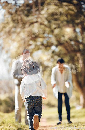 Image of Child, running and bonding with grandparents in park for fun, energy and summer break in nature. Kid, back and excited boy with senior man and woman on family weekend, activity and backyard games