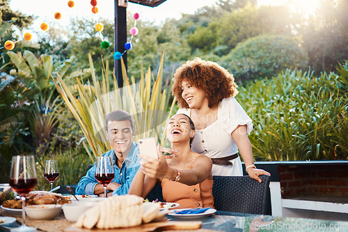 Image of Selfie, outdoor lunch and laughing friends excited for funny memory photo of group, friendship reunion or brunch party. Comedy, photography and people together, smile and post profile picture to app