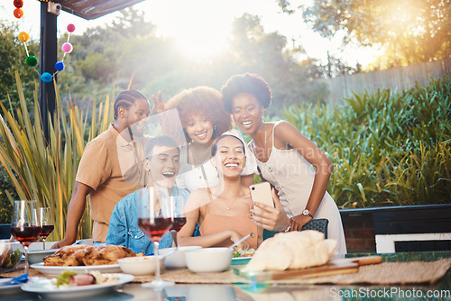 Image of Group selfie, brunch and friends smile for memory photo of lunch together, outdoor reunion or holiday party event. Patio, photography and people bond, pose and post profile picture to social network