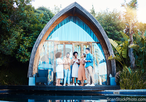 Image of Garden lodge, glamping and friends at a cabin with luxury accommodation and modern architecture. Travel, holiday and people at destination in Bali for tropical vacation and freedom at resort pool