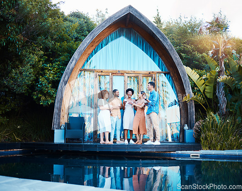 Image of Garden lodge, glamping and happy friends at cabin with luxury accommodation and modern architecture. Travel, holiday and people at destination in Bali for tropical vacation and freedom at resort pool
