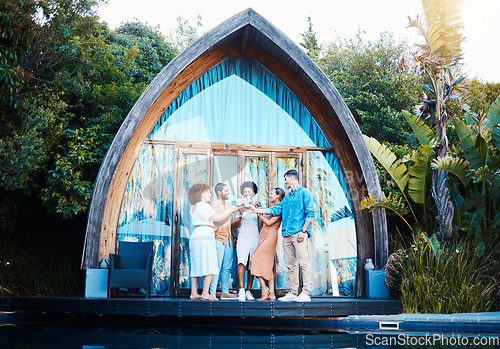 Image of Garden lodge, glamping and friends cheers at a cabin with luxury accommodation and forest cottage. Travel, holiday and people relax at destination in Bali for vacation and freedom at resort pool