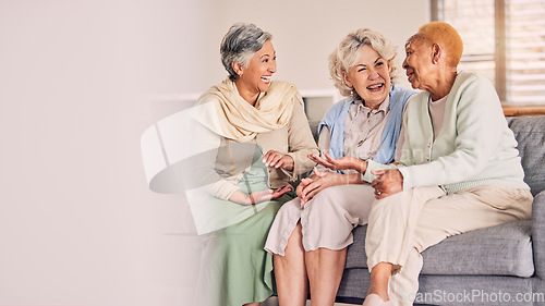 Image of Couch, friends and senior women in conversation in a living room together talking, laughing and bonding on retirement. Happy, funny and elderly people talking in discussion with happiness on a sofa