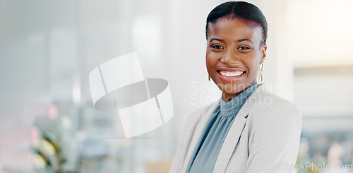 Image of Face, business and black woman with smile, success and confident ceo in workplace, advertising agency and startup company. Portrait, African female employee and manager with happiness and motivation
