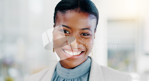 Image of Face, business and black woman with smile, success and confident ceo in workplace, advertising agency and startup company. Portrait, African female employee and manager with happiness and motivation