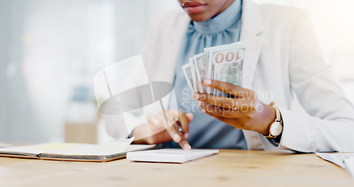 Image of Black woman, calculator and money in business finance for budget, costs or expenses at the office desk. Hands of African female accountant counting and calculating cash on table for company profit