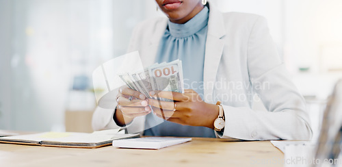 Image of Black woman, calculator and money in business finance for budget, costs or expenses at the office desk. Hands of African female accountant counting and calculating cash on table for company profit