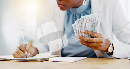 Image of Black woman, calculator and money in business finance for budget, costs or expenses at the office desk. Hands of African female accountant counting and calculating cash on table for company profit