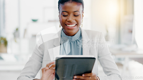 Image of Black woman, tablet and smile for social media, browsing or business research at the office desk. Happy African female working on touchscreen scrolling and smiling for networking or digital marketing
