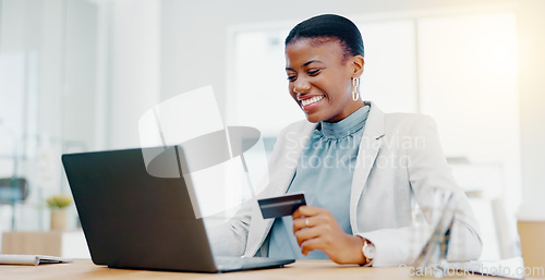 Image of Ecommerce, online shopping and black woman with credit card, laptop and smile for discount with fintech. Computer, banking and African person making web payment or surfing internet website for sale.