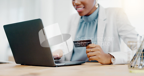 Image of Ecommerce, online shopping and black woman with credit card, laptop and smile for discount with fintech. Computer, banking and African person making web payment or surfing internet website for sale.