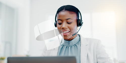Image of Black woman, call center and consulting on laptop for telemarketing, customer service or desktop support. Friendly African female consultant talking on headset for help, advice or communication