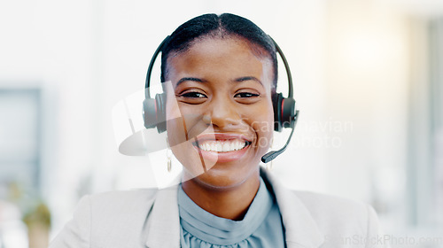 Image of Black woman, call center and face with smile consulting in telemarketing, customer service or support. Portrait of happy African female consultant agent with headset for help, advice or communication