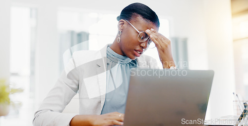 Image of Business, headache and black woman with stress, burnout and overworked in workplace, depression and laptop. African American female employee, worker and manager with migraine, device and fatigue