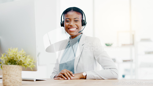 Image of Black woman, call center and smile on computer in telemarketing, customer service or support. Portrait of happy African American female consultant agent with headset for help or advice at office desk