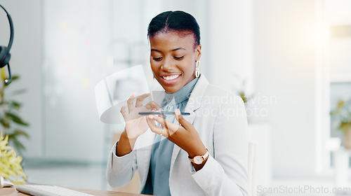 Image of Black woman, hands and phone call or business voice note for communication or consultation at office desk. Hand of African American female typing on keyboard and smartphone recording at the workplace