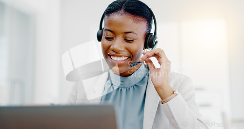 Image of Black woman, call center and consulting on laptop for telemarketing, customer service or desktop support. Friendly African female consultant talking on headset for help, advice or communication