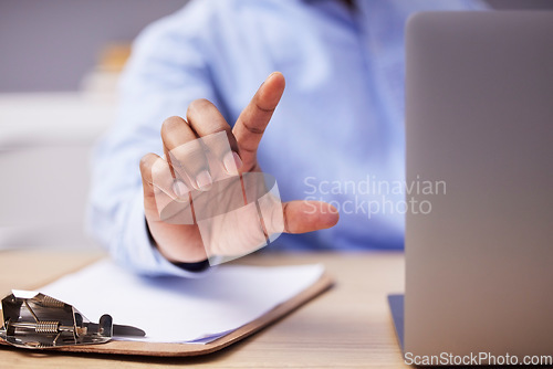 Image of Laptop, finger and hands of business person in office for networking, website ui and research. Cybersecurity, biometrics and worker on computer with touch gesture for user interface, software or data