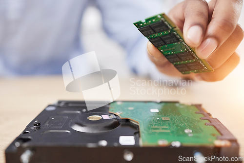 Image of Motherboard, microchip and engineering hand closeup with electric maintenance of circuit board. Developer, IT and dashboard for electrical hardware update and technician with information technology