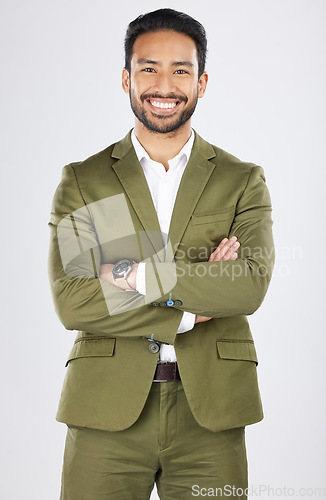 Image of Business man, arms crossed and entrepreneur portrait with work confidence and smile in a studio. Happy, success and male professional with job pride and employee with a white background and a worker