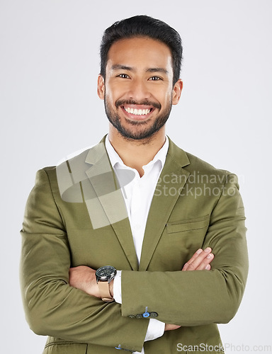 Image of Business man, arms crossed and work portrait with career confidence and smile in studio. Happy, expert and male professional with corporate job pride and employee with white background and a worker