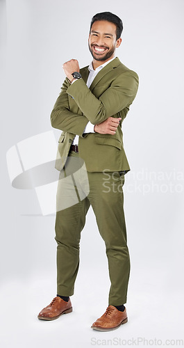 Image of Portrait, career and Asian man with startup, accountant and financial adviser with investor, business and trader. Corporate, Japanese person or employee with professional on a white studio background