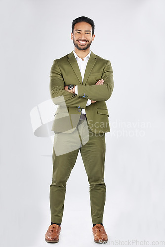 Image of Business man, arms crossed and portrait with work confidence and smile in a studio. Happy, success and male professional with corporate job pride and employee with a white background and a worker