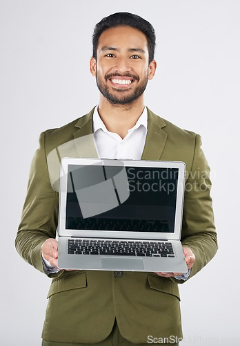 Image of Laptop screen, space and portrait of business man in studio for social media, communication and ux. Website, research and logo with employee on white background for email, online and internet mockup