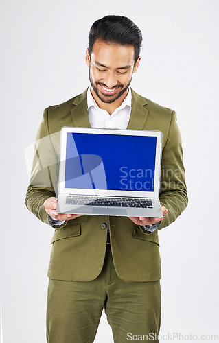 Image of Laptop screen, mockup and search with business man in studio for social media, communication and ux. Website, research and logo with employee on white background for email, online and internet
