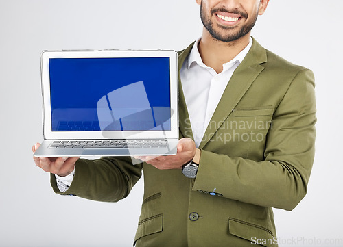 Image of Laptop screen, mockup and hands of business person in studio for social media, communication and ux. Website, research and logo with closeup of employee on white background for email and internet