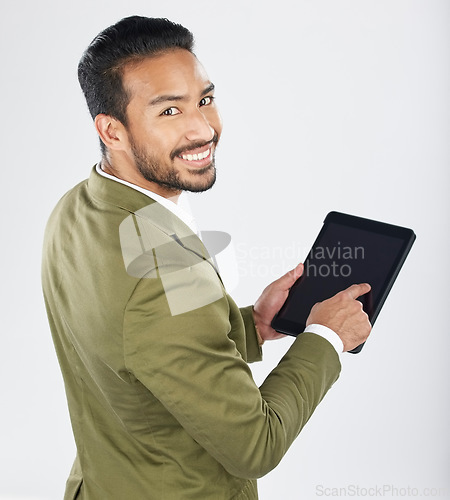 Image of Search, tablet and portrait of businessman with technology with internet isolated in a studio white background. Online, planning and young person or employee working on connection or networking