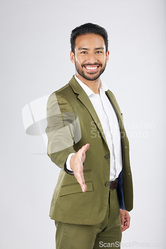 Image of Business man, shaking hands or offer in introduction, partnership and financial deal, success or welcome in studio. Professional person with handshake, POV meeting and portrait on a white background