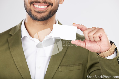 Image of Happy man, hand and business card in advertising, marketing or branding against a white studio background. Closeup of businessman with paper or poster for contact information or services on mockup