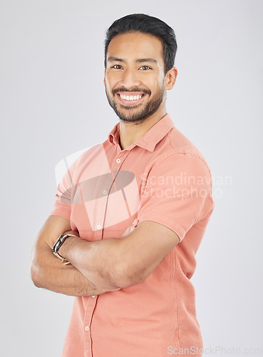 Image of Business, crossed arms and portrait of Asian man in studio smile for career, work and job opportunity. Confidence, professional male and isolated happy person in casual style on white background