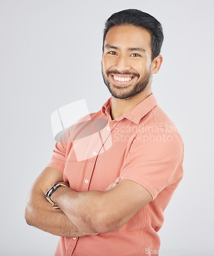 Image of Happy, crossed arms and portrait of Asian man in studio smile for career, work and job opportunity. Confidence, professional male and isolated business person in casual style on white background