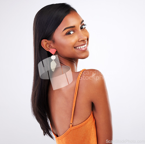 Image of Portrait, fashion and happy woman in dress at studio isolated on a white background mockup space. Face smile, style and confident Indian model in formal clothes for party, event and elegant aesthetic