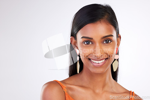 Image of Beauty, studio mockup and portrait of happy woman with aesthetic makeup, natural skincare glow or advertising space. Cosmetic wellness, face and person smile for collagen shine on white background