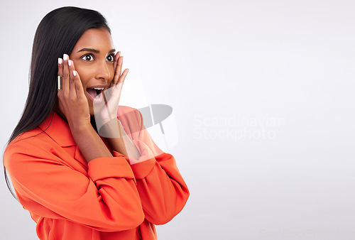 Image of Surprise, fashion and beauty with woman and space in studio for news, announcement and giveaway. Deal, shocked and wow with face of person on white background for secret, discount and sale mockup