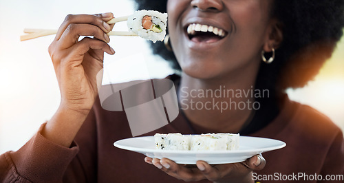 Image of Happy, black woman and eating sushi with chopsticks or salmon, seafood and healthy dinner in home with ecommerce. Luxury, dish and person excited for fish, food delivery and smile on face for lunch